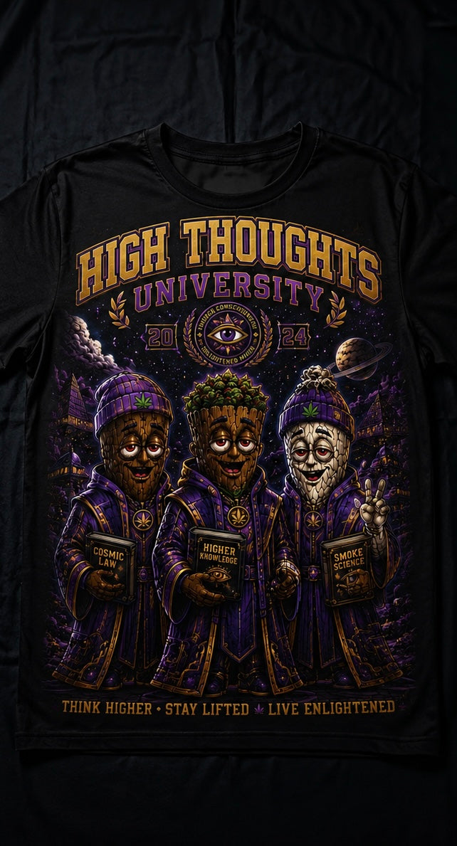 High Thoughts University All-Over Print T-Shirt — Psychedelic Cosmic Cannabis Tee