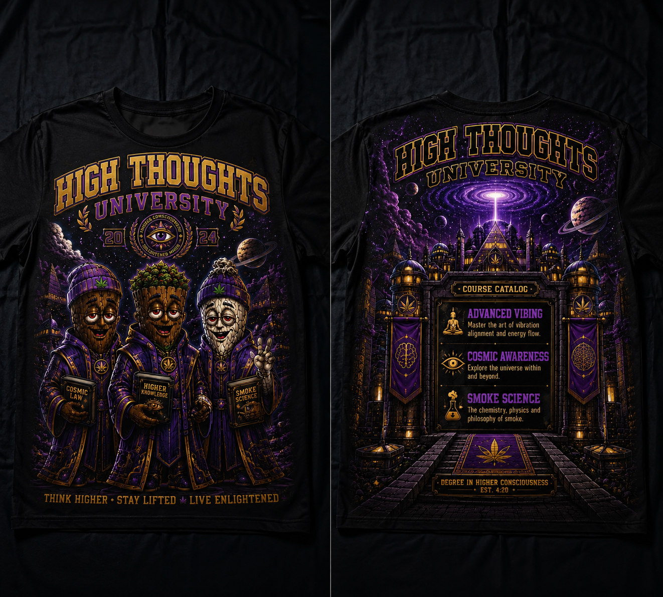 High Thoughts University All-Over Print T-Shirt — Psychedelic Cosmic Cannabis Tee