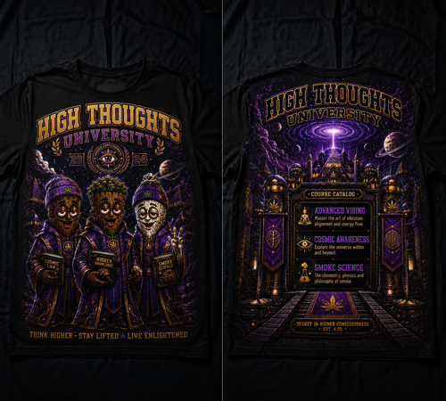 High Thoughts University All-Over Print T-Shirt — Psychedelic Cosmic Cannabis Tee