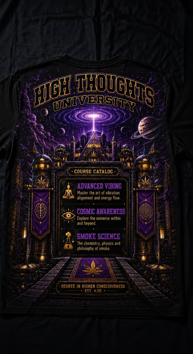 High Thoughts University All-Over Print T-Shirt — Psychedelic Cosmic Cannabis Tee
