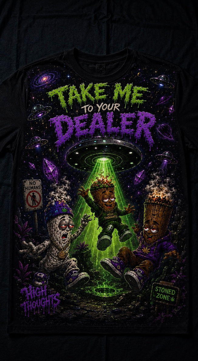 Take Me to Your Dealer All-Over Print T-Shirt — Alien Comedy Streetwear